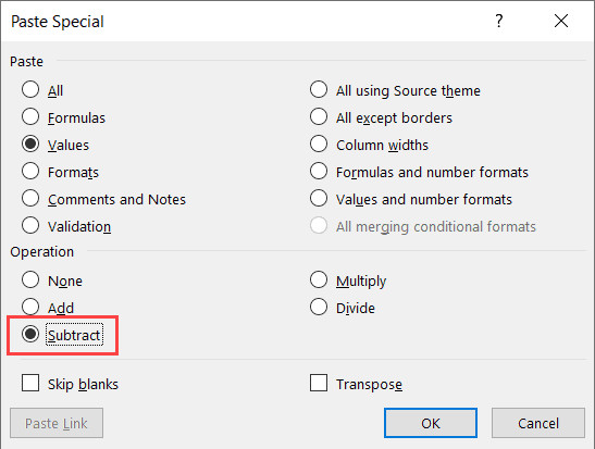 Thiết lập thông số Values và Subtract trong hộp thoại Paste Special
