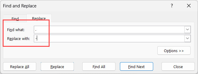 Thiết lập tìm và thay thế dấu chấm bằng dấu gạch ngang