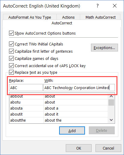 Thiết lập viết tắt trong hộp thoại