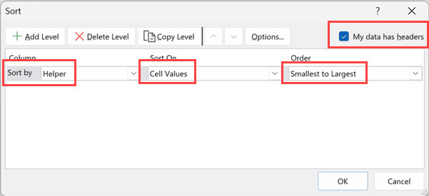 Thực hiện các lựa chọn trong hộp thoại SORT