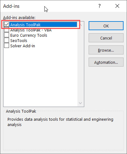 Tích chọn Analysis Toolpak để kích hoạt