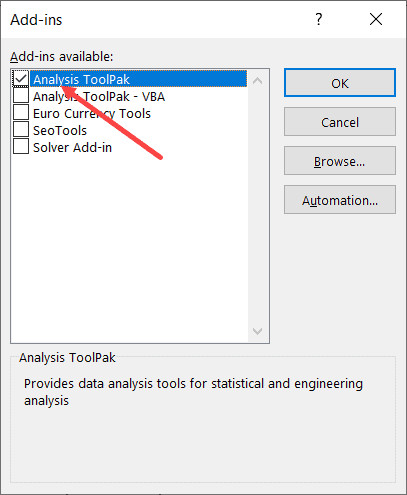 Tích chọn Analysis Toolpak trong hộp thoại