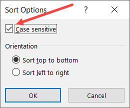 Tích chọn Case sensitive trong hộp thoại Options