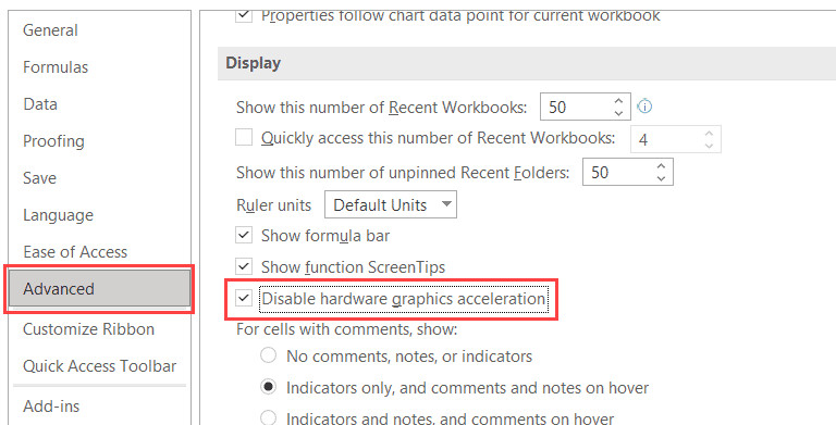 Tích chọn Disable hardware graphics acceleration