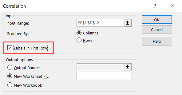 Tích chọn Labels in first row