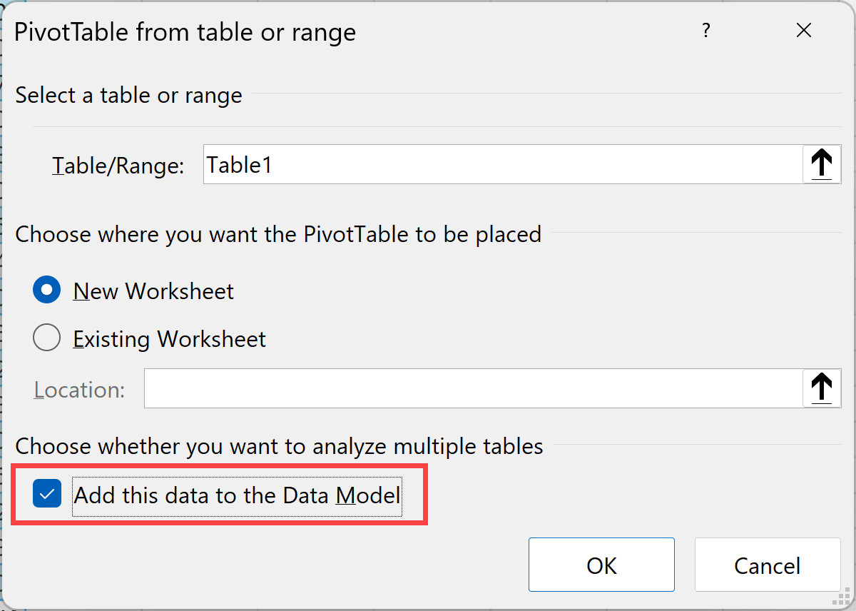 Tích chọn ô Add this data to the Data Model khi tạo PivotTable
