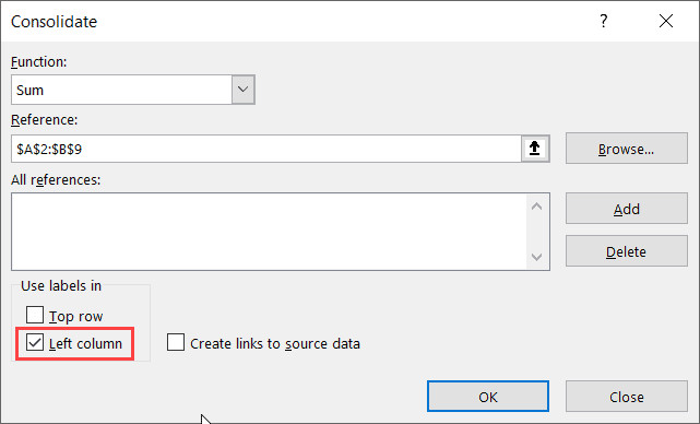 Tích chọn ô Left column để xác định cột chứa dữ liệu cần gộp