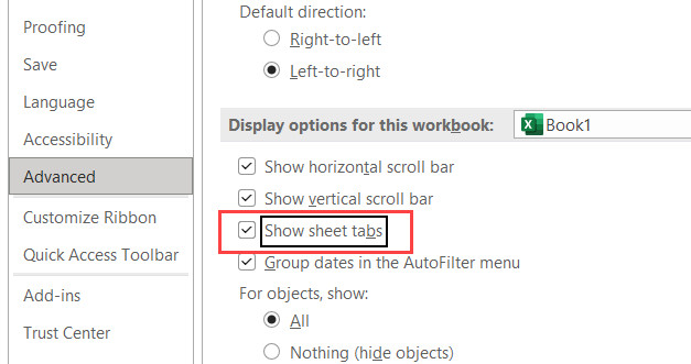 Tích chọn ô Show sheet tabs để hiển thị lại thẻ