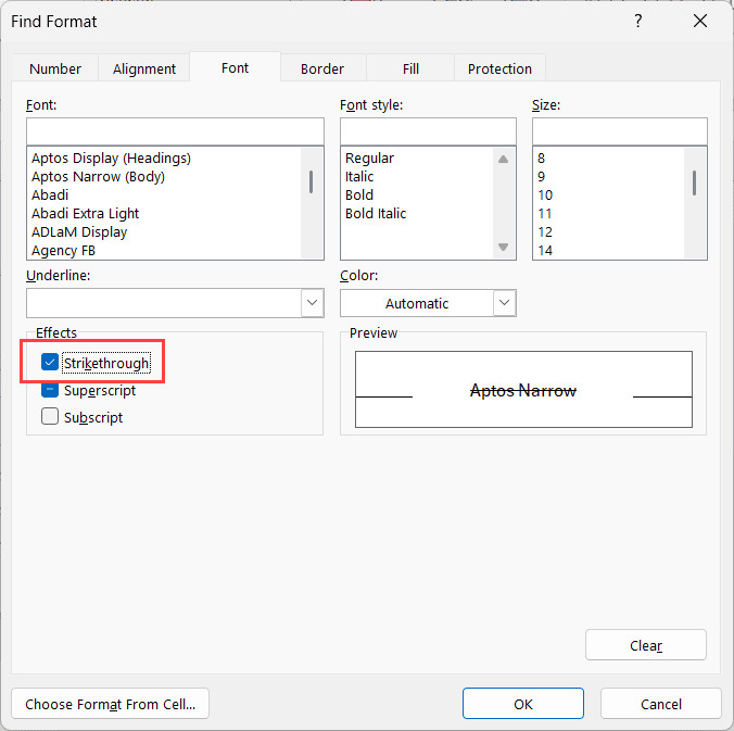 Tích chọn ô Strikethrough trong thẻ Font của hộp thoại Find Format