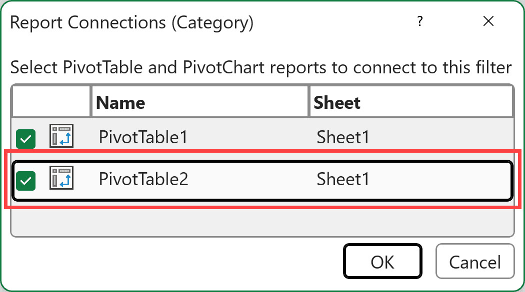 Tích chọn pivot table thứ hai để hoàn tất kết nối