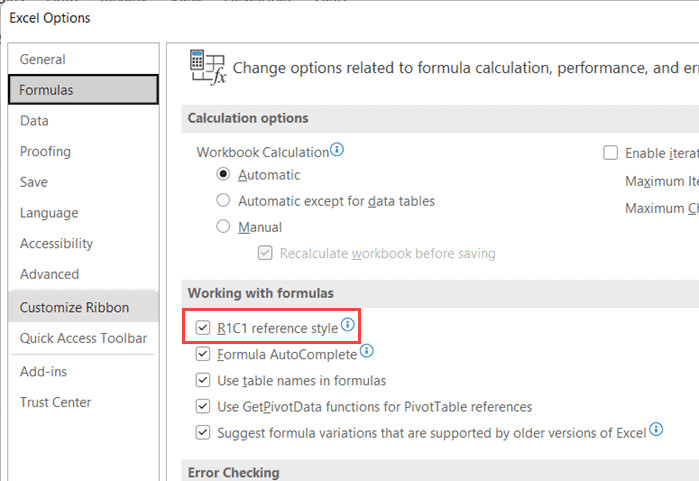 Tích chọn tùy chọn kiểu tham chiếu R1C1