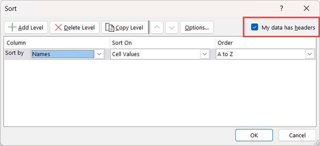 Tích chọn tùy chọn My data has headers