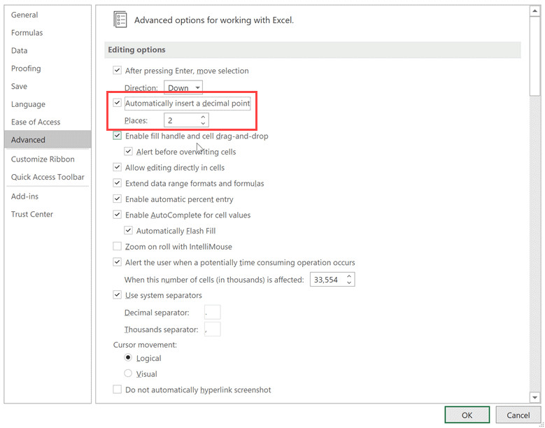 Tích vào ô Automatically insert a decimal point để kích hoạt tính năng