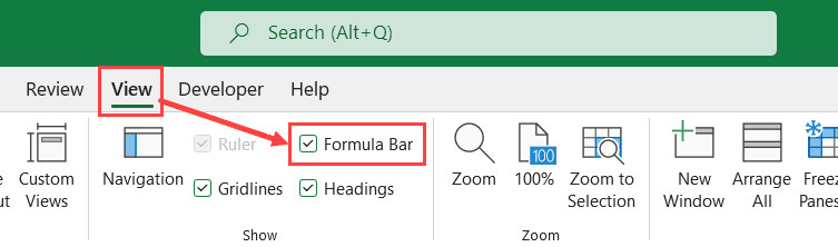 Tích vào ô Formula Bar trong tab View để hiển thị thanh công thức