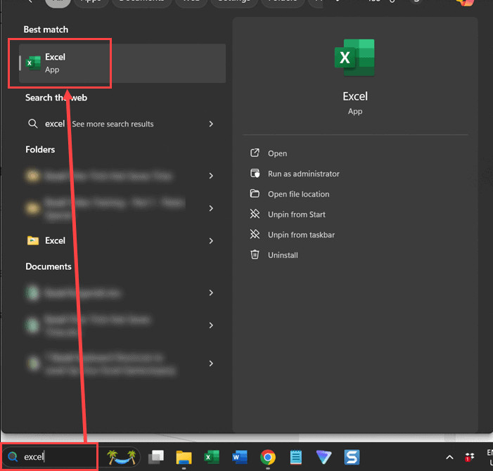 Tìm kiếm ứng dụng Excel trên thanh tìm kiếm của Windows
