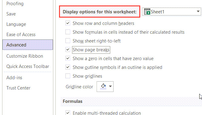 Tìm mục Display options for this worksheet