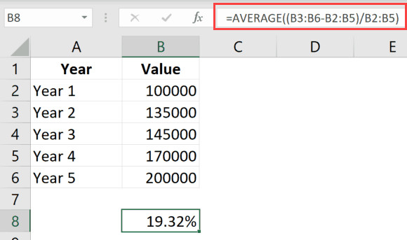 Tính AAGR với một công thức mảng duy nhất trong Excel không cần cột phụ