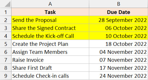 Toàn bộ hàng dữ liệu được tô màu dựa trên ngày tháng