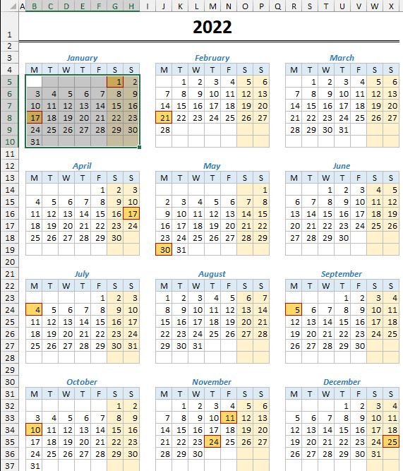 Toàn bộ ngày lễ được tô màu nổi bật trên lịch năm