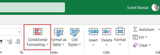 Truy cập tính năng Conditional Formatting trên thanh công cụ