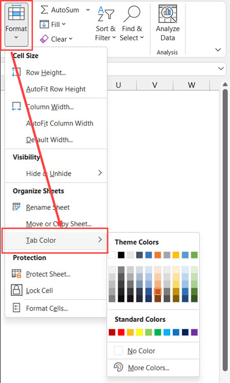 Truy cập tính năng đổi màu sheet thông qua thẻ Home trên thanh Ribbon