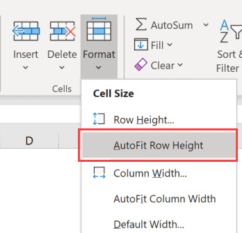 Tùy chọn AutoFit Row Height trong menu Format