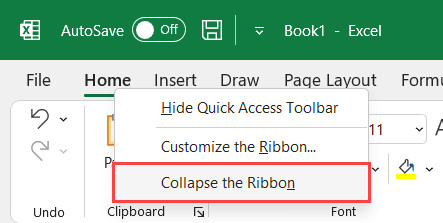 Tùy chọn Collapse the Ribbon để thu gọn thanh công cụ