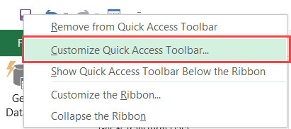 Tùy chọn Customize Quick Access Toolbar khi nhấp chuột phải