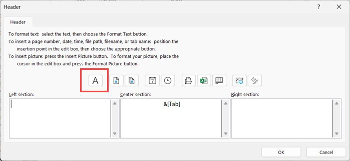 Tùy chọn định dạng phông chữ trong header hoặc footer