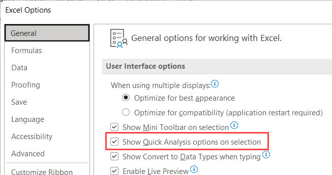 Tùy chọn hiển thị Quick Analysis trong Excel Options