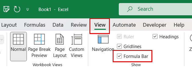 Tùy chọn hiển thị thanh Formula Bar trong thẻ View để bật Name Box