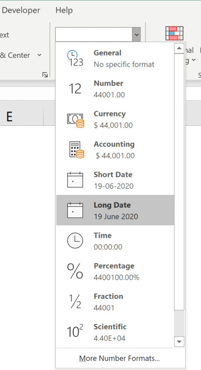 Tùy chọn Long Date trong danh sách định dạng số