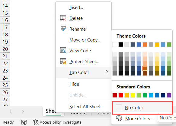 Tùy chọn No Color để khôi phục màu mặc định cho sheet tab