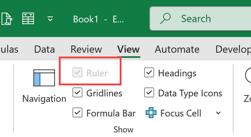 Tùy chọn Ruler bị mờ đi và không thể chọn khi không ở chế độ Page Layout