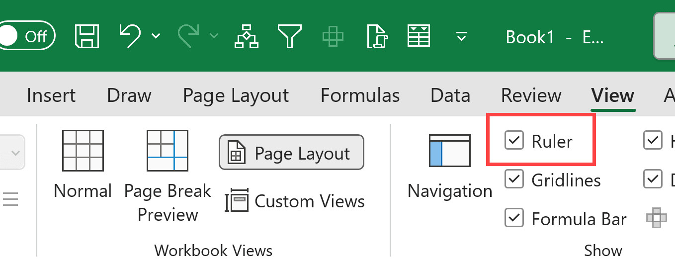 Tùy chọn Ruler được tích chọn trong nhóm Show của tab View