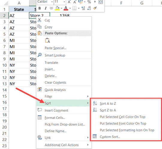 Tùy chọn sắp xếp trong menu chuột phải