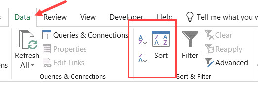 Tùy chọn sắp xếp trong thẻ Data của Excel