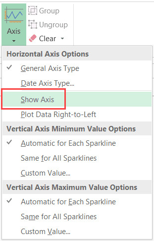 Tùy chọn Show Axis để hiển thị trục hoành