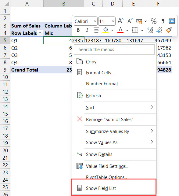 Tùy chọn Show Field List nằm ở cuối menu ngữ cảnh khi nhấn chuột phải vào Pivot Table