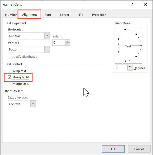 Tùy chọn Shrink to Fit trong hộp thoại Format Cells