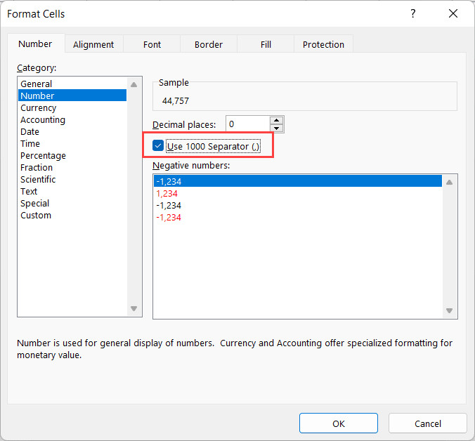 Tùy chọn sử dụng dấu phân cách hàng nghìn