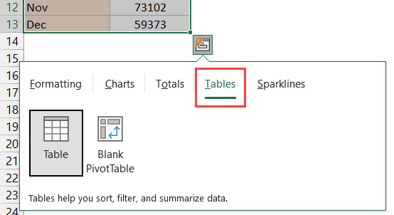Tùy chọn tạo bảng trong Quick Analysis