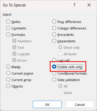 Tùy chọn Visible cells only trong hộp thoại Go To Special