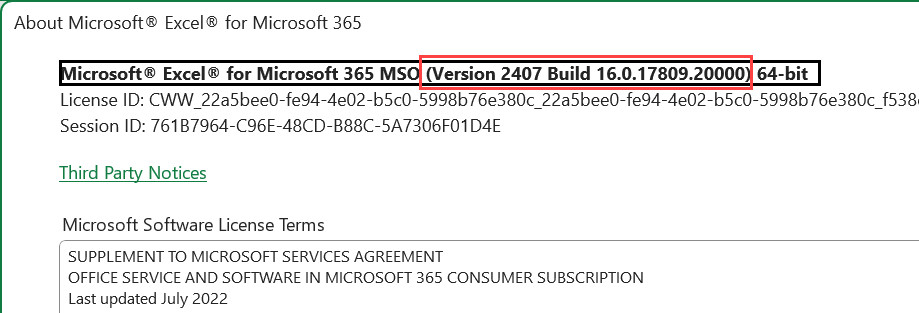 Ví dụ về cách đọc số phiên bản và mã build chi tiết của Microsoft Excel