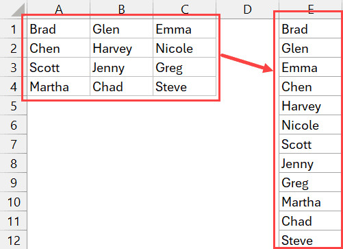 Ví dụ về chuyển đổi nhiều hàng thành một cột trong Excel 365
