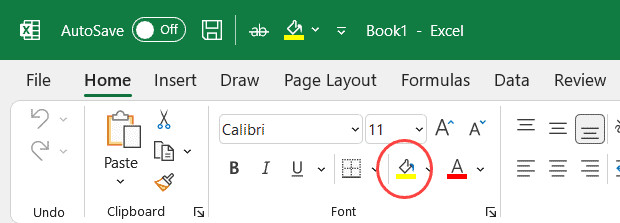 Vị trí biểu tượng thùng sơn Fill Color trong nhóm Font trên thanh Ribbon