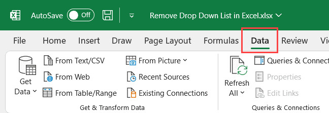 Vị trí của tab Data trên thanh công cụ Excel