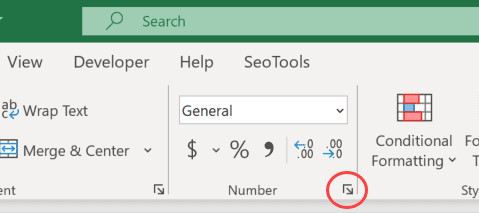 Vị trí mũi tên mở rộng hộp thoại Format Cells trong tab Home