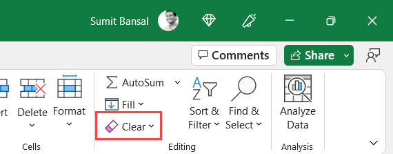 Vị trí nút Clear nằm trong tab Home của Excel