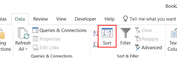 Vị trí nút Sort trong thẻ Data trên thanh công cụ Excel